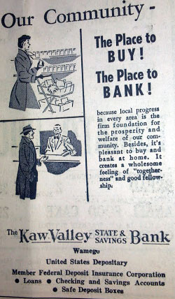 News clipping of Wamego State Bank merges with Kaw Valley State and Savings Bank in 1929.