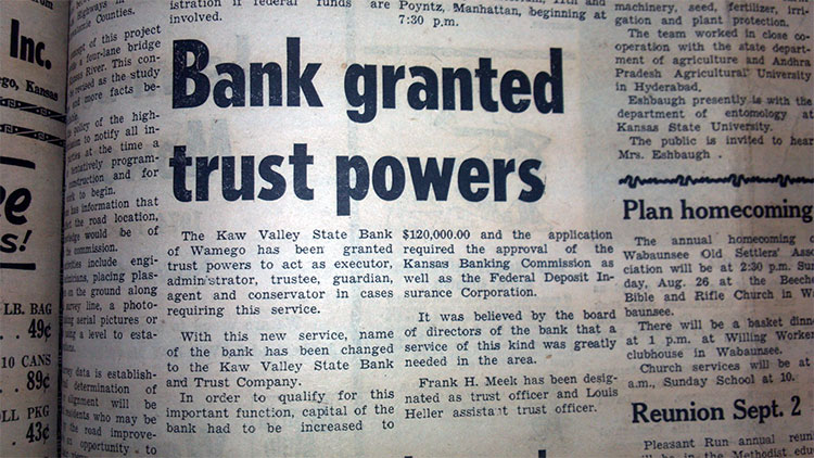 1973 Newspaper article announcing KVSB granted trust powers.