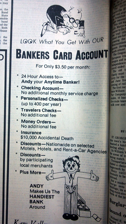 1976 news clipping of KVSB announcing Andy the automatic teller.